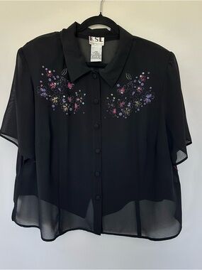 Vintage KSL Black Sheer Floral Blouse open-back slit Whimsygoth Fairy Grunge 20W